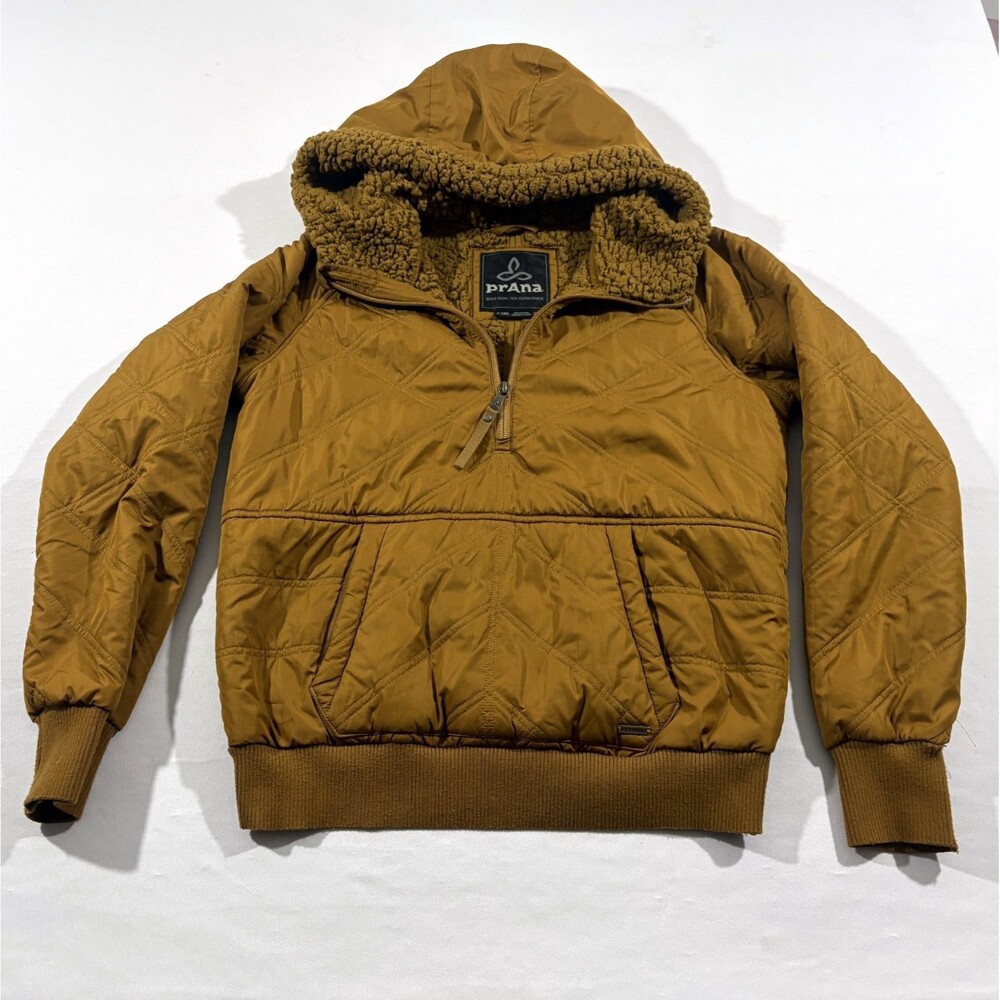 Prana Esla Pullover Bronze 1/2 Zip Quilted Hooded Sherpa Lined Outdoor Sz XS